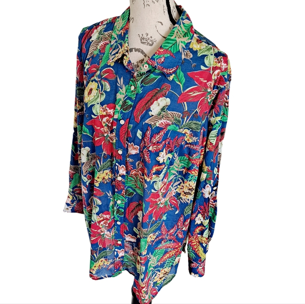 SOLD Talbots Floral tropical Hawaiian button up cotton summer shirt top Size 2X - Picture 5 of 14